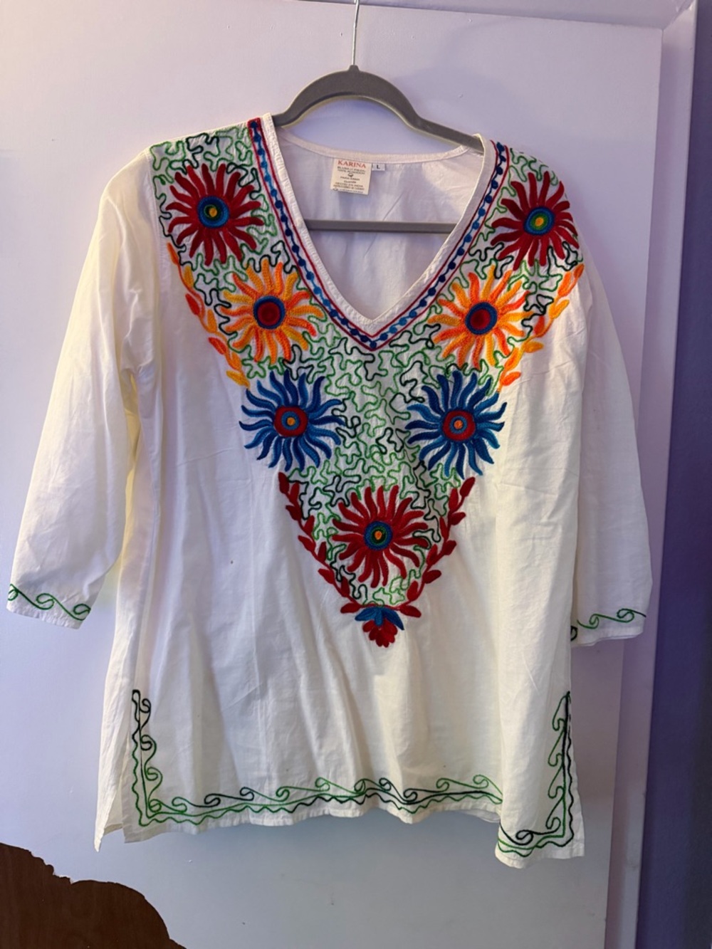 Karina White V-Neck Tunic with Multicolor Floral Embroidery